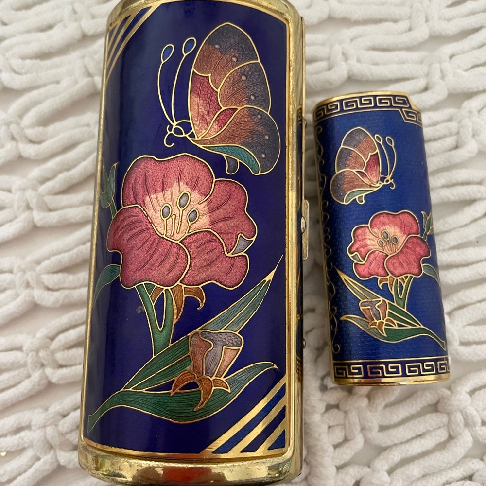 Vintage Cloisonné Enamel Cigarette Case & Lighter Holder Blue Floral Butterfly